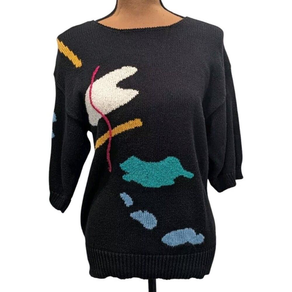 80s jbj SPORTSWEAR Womens Sweater S Black Multi Intarsia Oversized Wearable Art